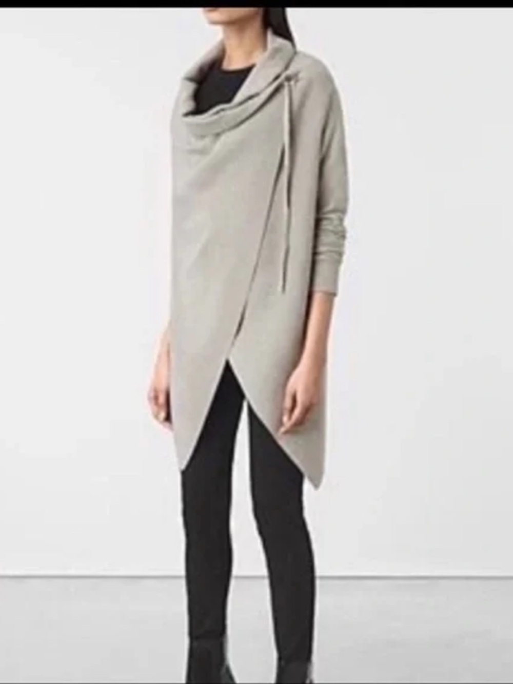All Saints Light Gray Asymmetrical Draped Cowl Sweater